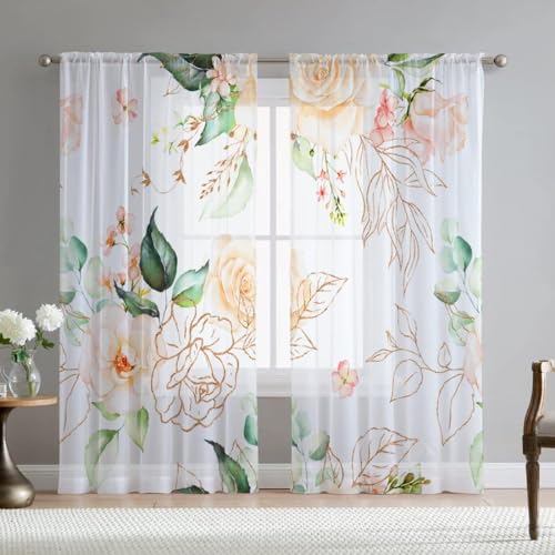 63 inch Length 2 Panels Set Blue Pink Sheer Chiffon Curtains H607007