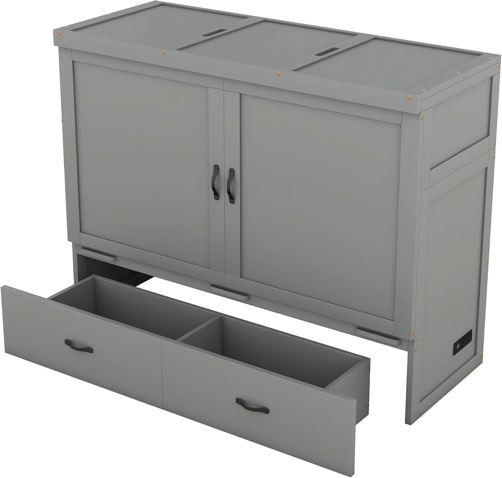 Gray Queen Size Murphy Bed with Storage Drawer U84131