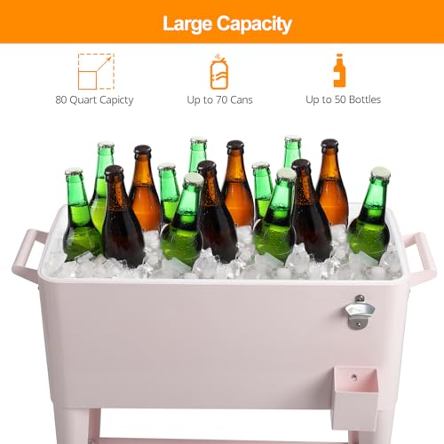 80 Quart Rolling Ice Chest on Wheels Drink Cooler Cart with Shelf R537549