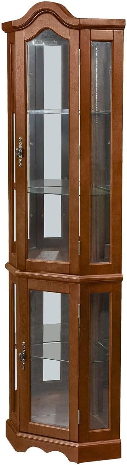Walnut Corner Curio Cabinet with Glass Doors and Shelves B429047