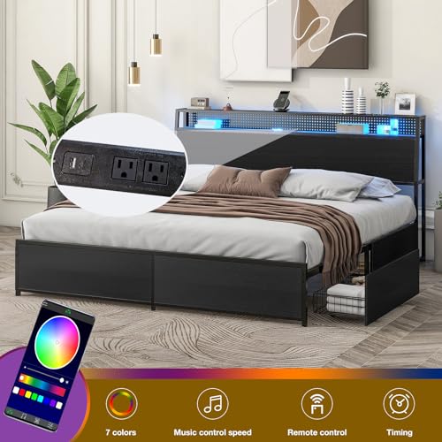 Queen Bed Frame with LED Lights, Metal Platform Bed Frame with 4 Storage Drawers, Tall Bookcase Headboard and Charging Station, Black D867
