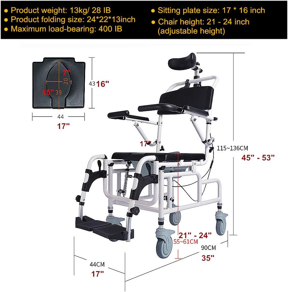 Tilt-in-Space Reclining Shower Toilet Commode Chair with Padded Seat Back Armrests L1859