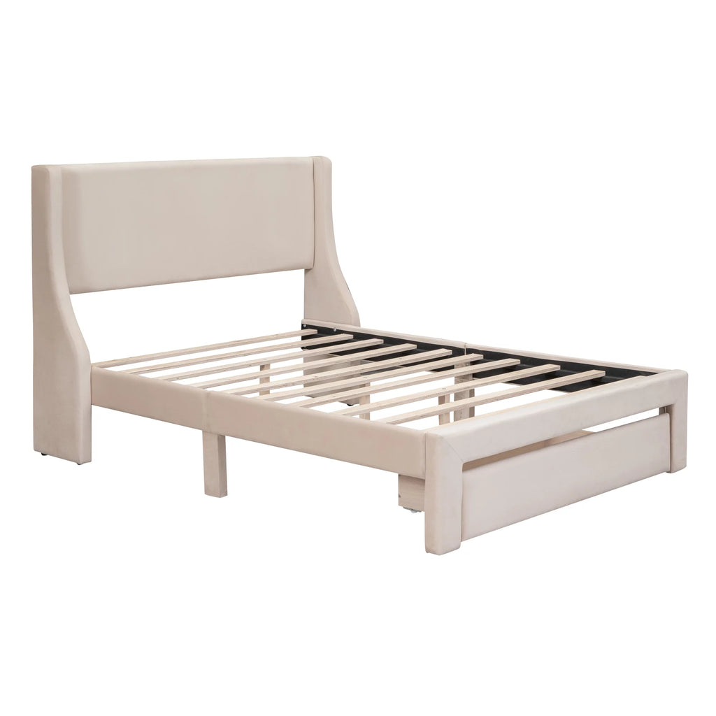 Beige Velvet Full Size Bed Frame with Storage Drawer H449846