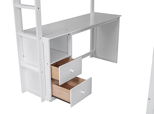 White Wooden Loft Bed with Storage Wardrobe and Desk C954