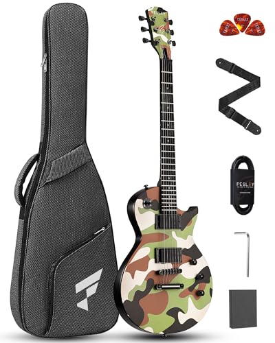 39" Solid Body Electric Guitar with Humbucker Pickups, Poplar Body, Mahogany Neck, 22 Frets, 6 String, Gig Bag, Matte, Camouflage N7967