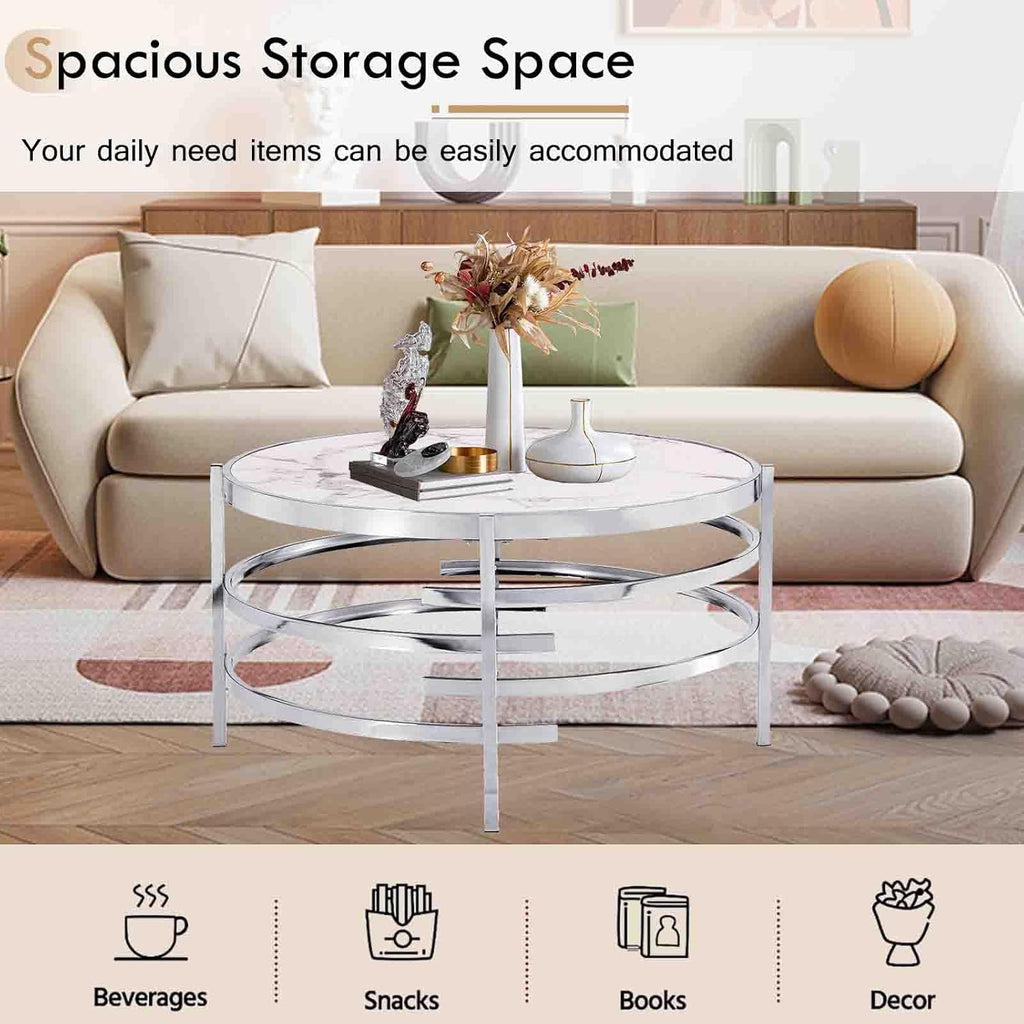 Modern Round Coffee Table with Faux Marble Sintered Stone & Silver Metal Frame B41328