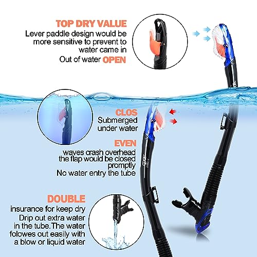 Snorkel Set, Diving Mask, Dry Top Snorkel, Dive Flippers Kit with Travel Bag B3802