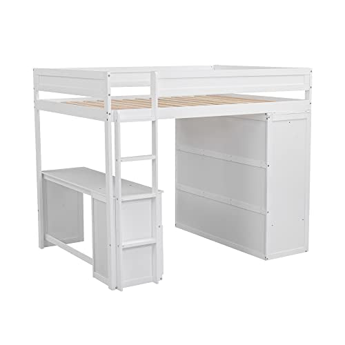 White Wooden Loft Bed with Storage Wardrobe and Desk C954