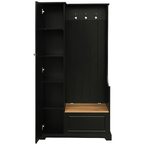 Black Hall Tree with Flip-Up Bench, Shoe Cabinet with Adjustable Shelves, Coat Rack with Hanging Hooks U283140