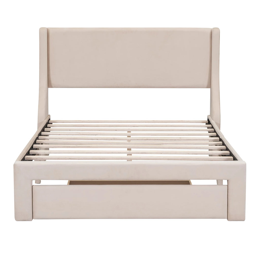 Beige Velvet Full Size Bed Frame with Storage Drawer H449846