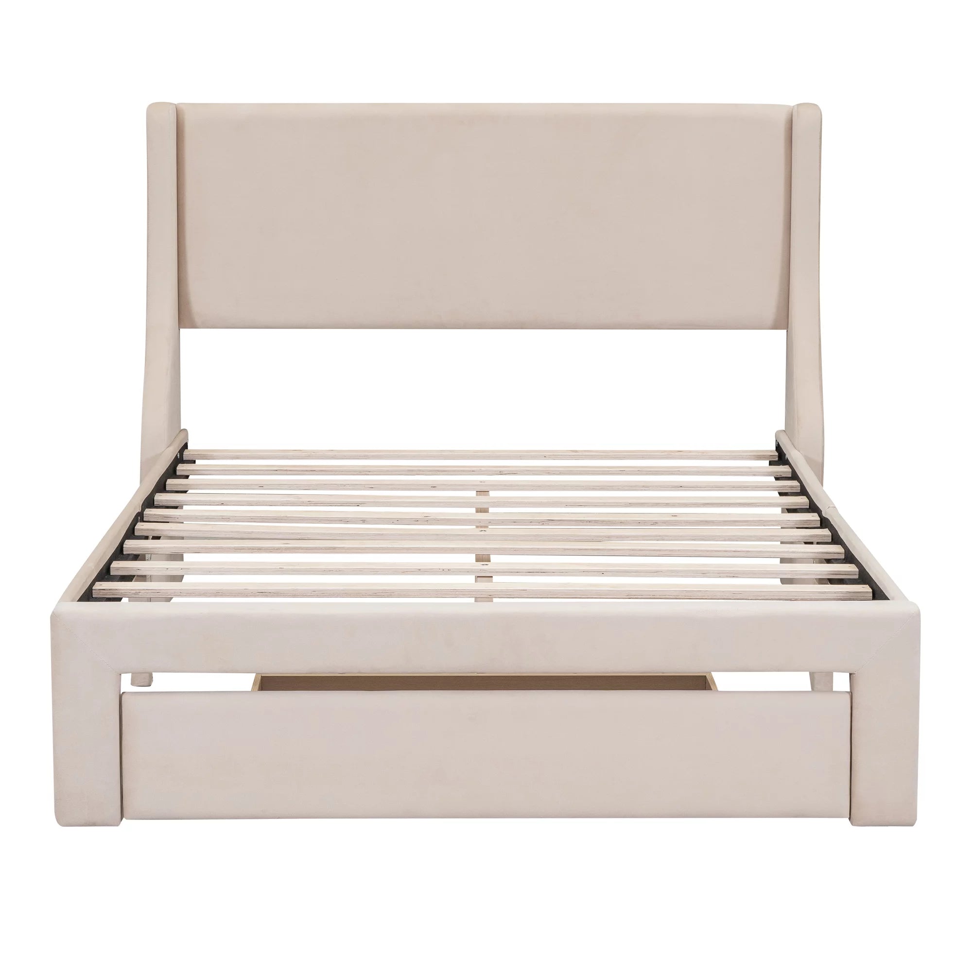 Beige Velvet Full Size Bed Frame with Storage Drawer H449846
