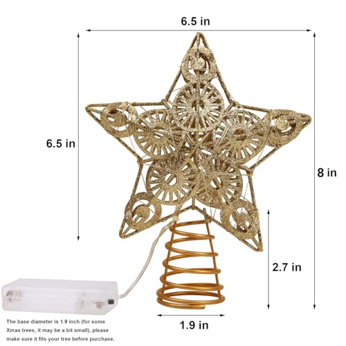 Star Tree Topper with 20 LED Lights, Metal Golden Lighted Treetop Ornaments, 6.5 x 6.5 Inches T48444