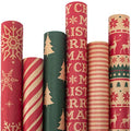 6 Rolls Kraft Christmas Wrapping Paper with Snowflake/Tree/Red Stripe/Merry Christmas Pattern, 17 inch x 120 inch Per Roll P58520