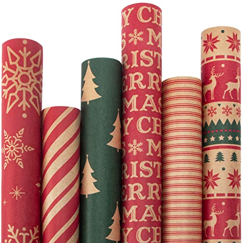 6 Rolls Kraft Christmas Wrapping Paper with Snowflake/Tree/Red Stripe/Merry Christmas Pattern, 17 inch x 120 inch Per Roll P58520