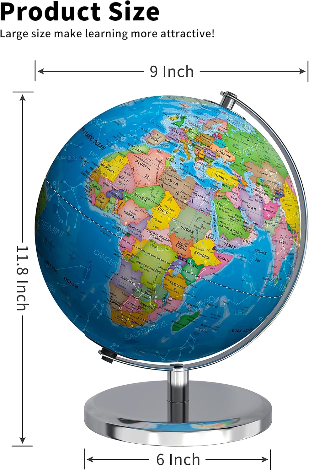 9" LED Illuminated World Globe with Stand and Heavy Metal Base O401822