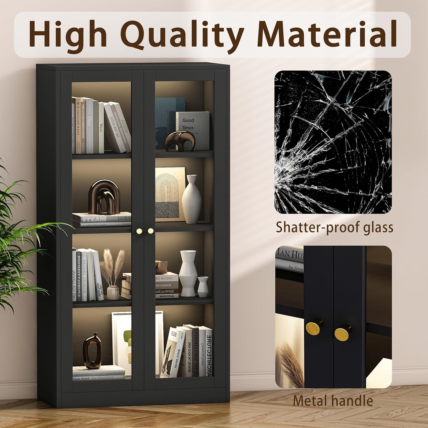 Black Glass Display Cabinet with LED Light, 3 Adjustable Shelves T7327