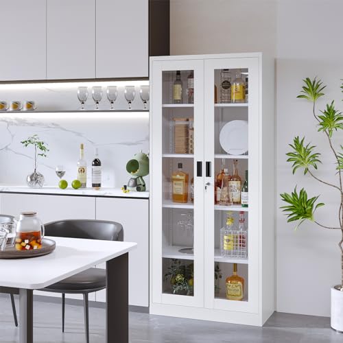 71" Locking Steel Cabinet with Tempered Glass Door, 2 Adjustable Shelves, 4 Doors, White A303