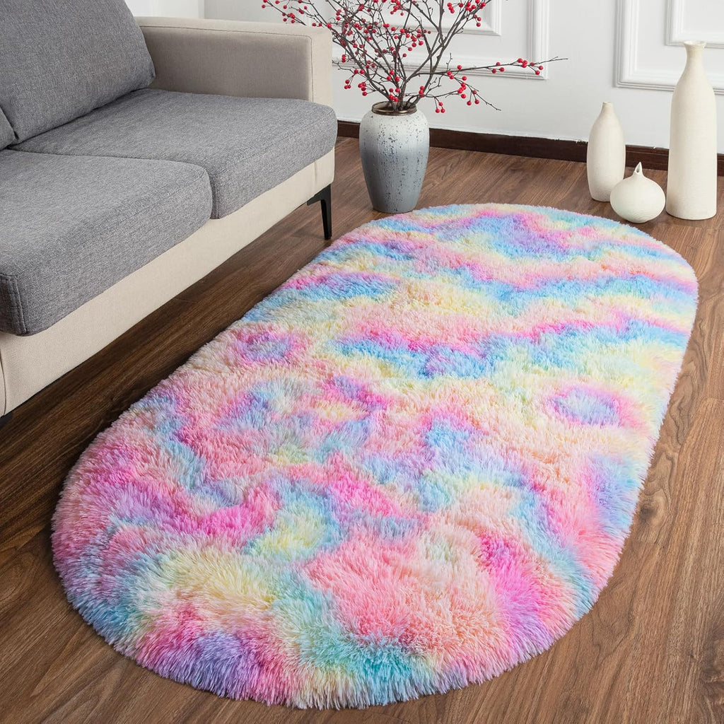 Grey & Rainbow Shag Oval Area Rug Set of 2 I4084