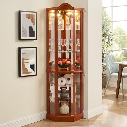 Oak Lighted Wooden Corner Display Curio Cabinet with Tempered Glass Doors L2649