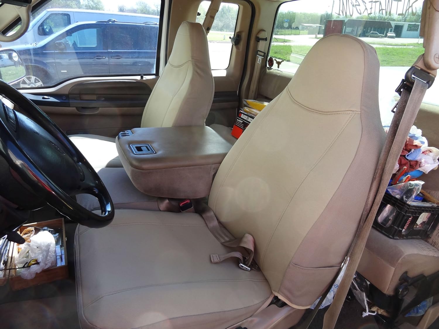 Front 40/20/40 Split Seat Covers with Console, Camo Fabric D409