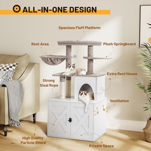 White Wooden Cat Litter Box Enclosure with Cat Tree Tower and Condo Y530