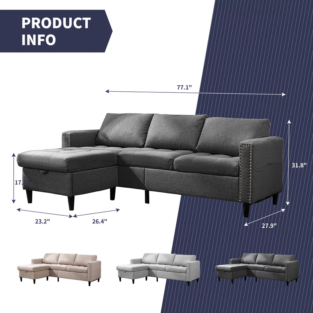 Reversible Sectional Couch, 3 Seat L Shaped Modular Sleeper Sofa Bed with Storage Ottoman Chaise, Dark Grey O42958