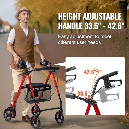 Blue + Black Lightweight Aluminum Folding Rollator Walker with Adjustable Seat and Handle P4353