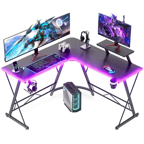 Black 51 Inch L Shaped Gaming Desk with LED Lights C27319