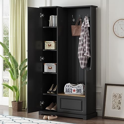 Black Hall Tree with Flip-Up Bench, Shoe Cabinet with Adjustable Shelves, Coat Rack with Hanging Hooks U283140