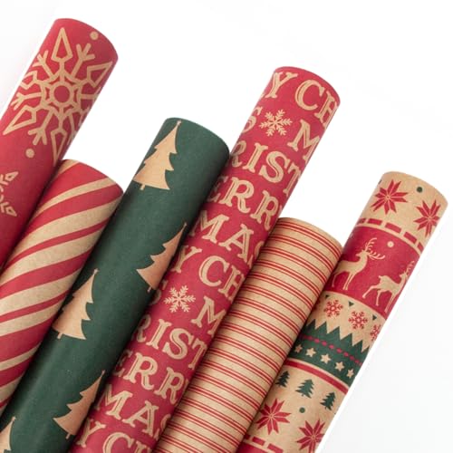 6 Rolls Kraft Christmas Wrapping Paper with Snowflake/Tree/Red Stripe/Merry Christmas Pattern, 17 inch x 120 inch Per Roll P58520