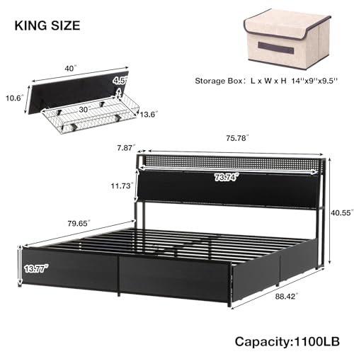 Queen Bed Frame with LED Lights, Metal Platform Bed Frame with 4 Storage Drawers, Tall Bookcase Headboard and Charging Station, Black D867