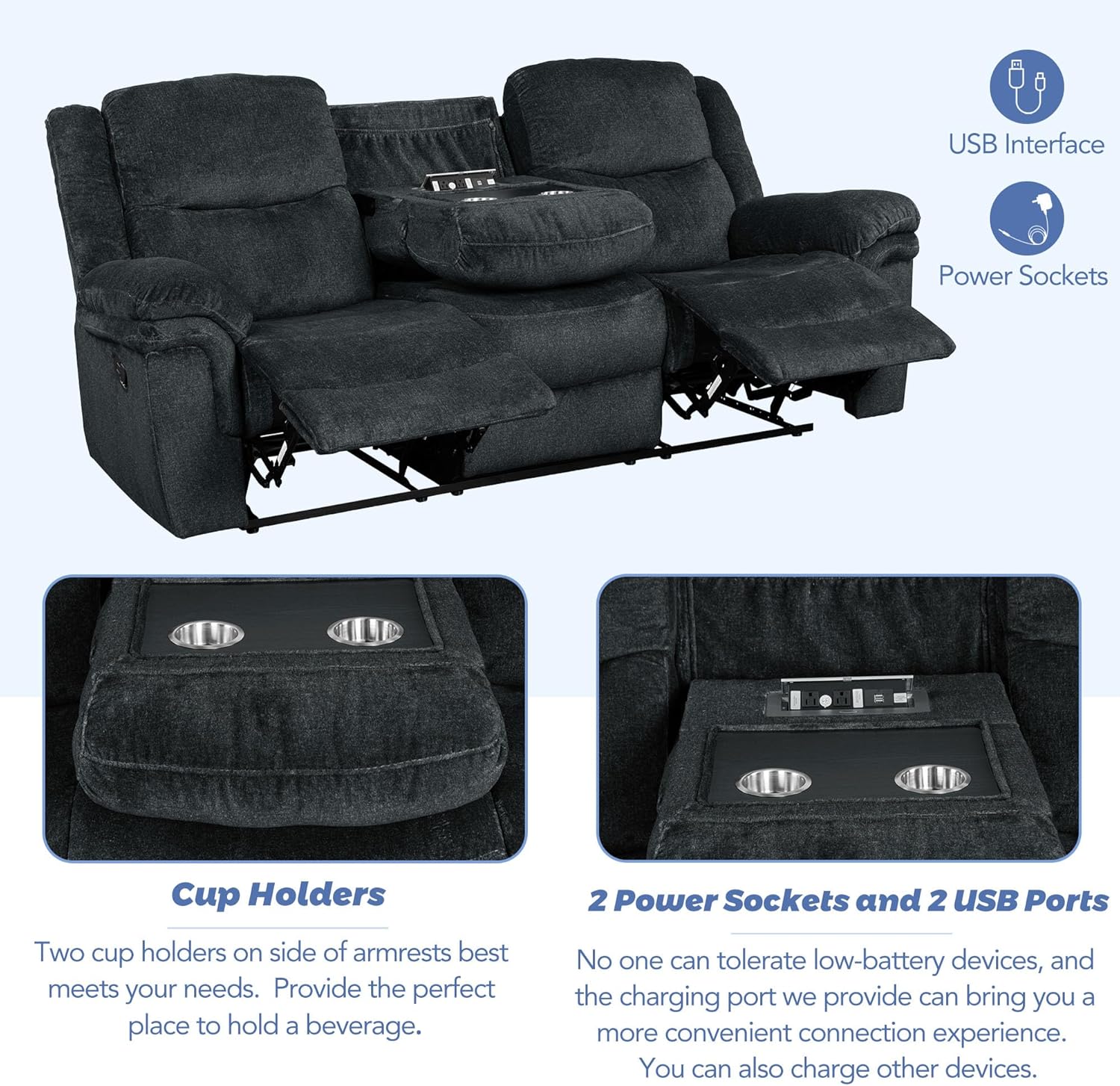 3-Piece Velvet Recliner Sofa Set with Cup Holders S4470