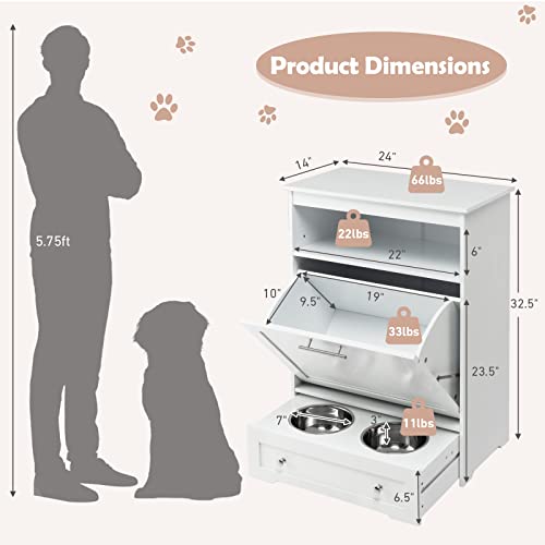 White Dog Food Storage Cabinet with 2 Raised Dog Bowls K24780