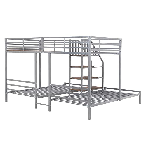 Full-Over-Twin-Twin Solid Wood Triple Bunk Bed with Wardrobe and Mirror (Grey) O3292