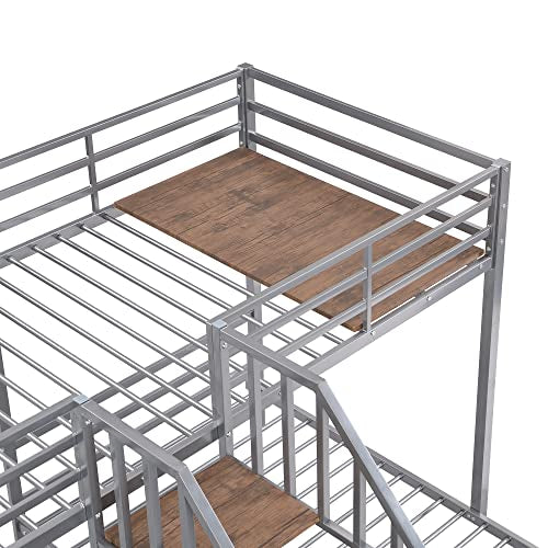 Full-Over-Twin-Twin Solid Wood Triple Bunk Bed with Wardrobe and Mirror (Grey) O3292