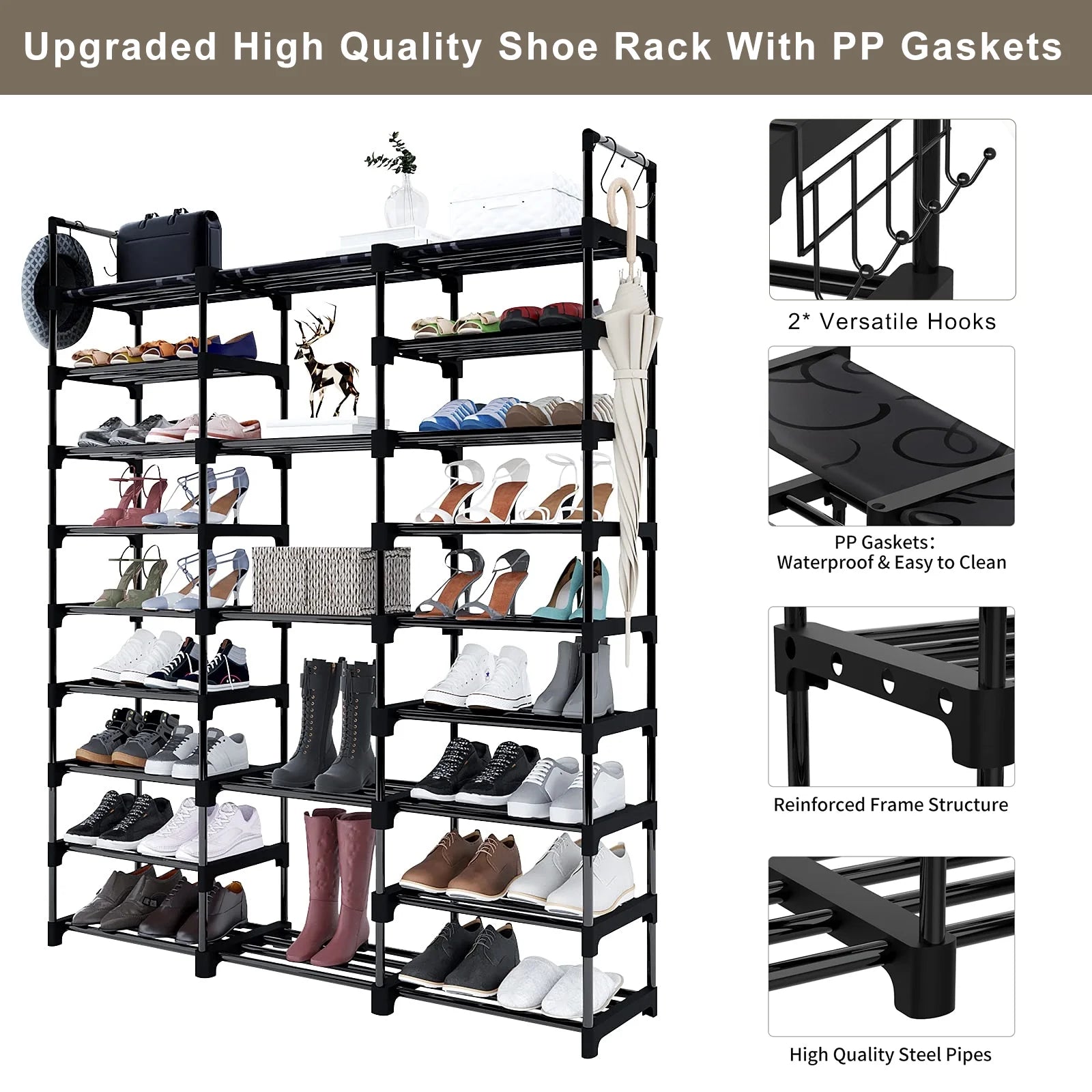 9 Tiers Metal Shoe Rack Storage Organizer Black F6559