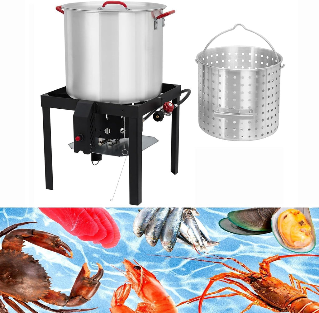 80 Qt Aluminum Seafood Boil Pot with Steam Basket and Propane Jet Burner Z1446