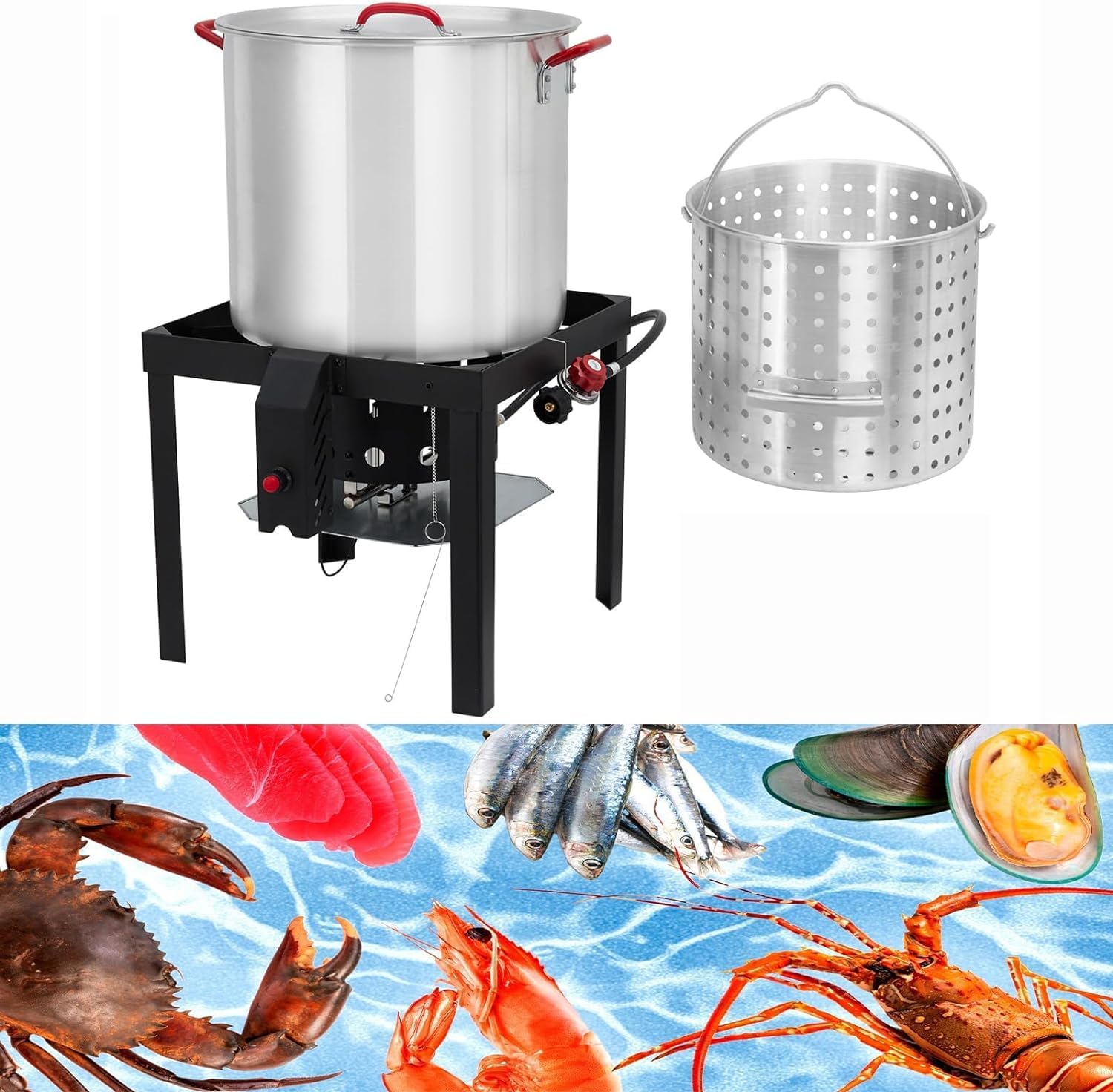 80 Qt Aluminum Seafood Boil Pot with Steam Basket and Propane Jet Burner Z1446