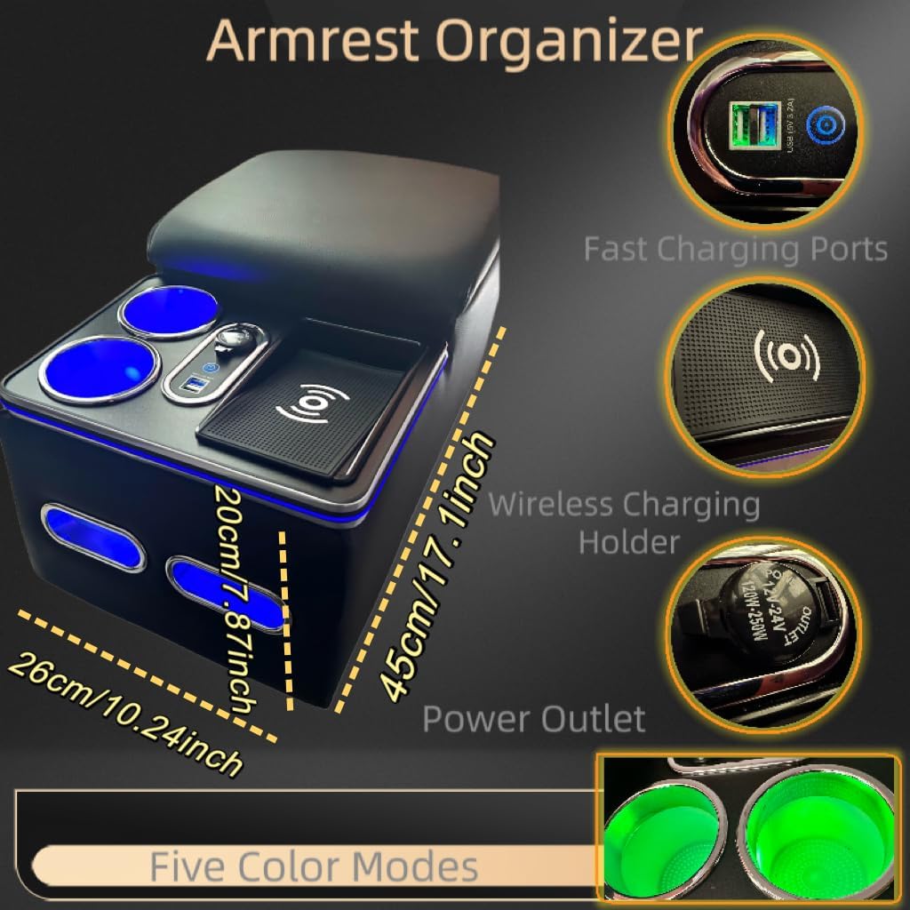 Black Center Console Armrest Organizer with Wireless Charging Phone Holder & Cup Holders G224134
