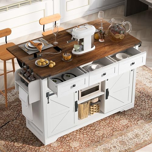 Rustic Kitchen Island With Power Outlet, Sliding Barn Doors, Drop Leaf, Drawers and Spice Rack H231543
