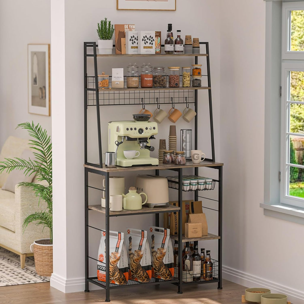 35.8" Large Farmhouse Coffee Station with 12 Hooks and Pull-Out Wire Basket, Coffee Bar Cart Table with Storage Shelves Rustic Brown G2373