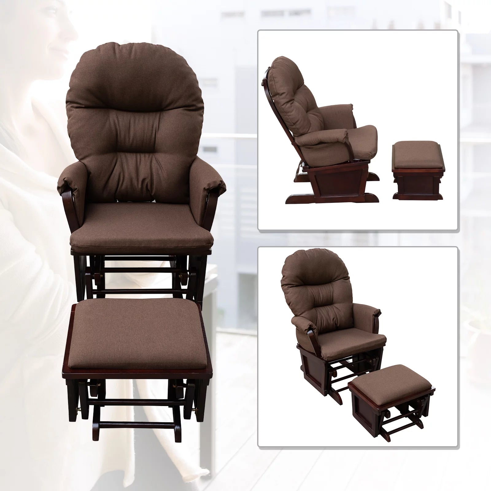Brown Nursery Glider Rocking Chair with Ottoman S755
