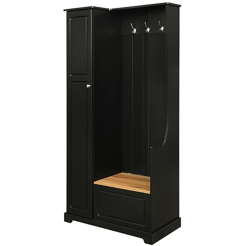 Black Hall Tree with Flip-Up Bench, Shoe Cabinet with Adjustable Shelves, Coat Rack with Hanging Hooks U283140