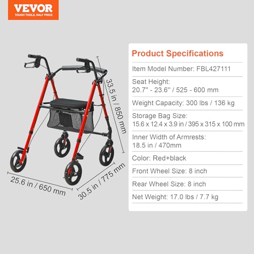 Blue + Black Lightweight Aluminum Folding Rollator Walker with Adjustable Seat and Handle P4353