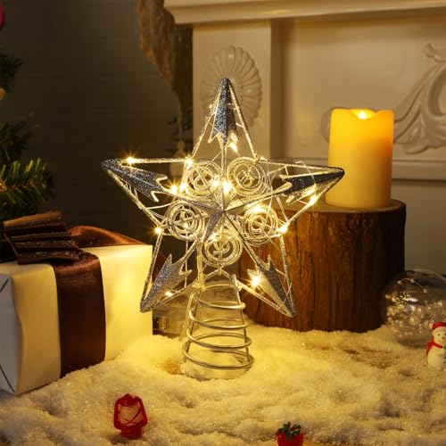 Star Tree Topper with 20 LED Lights, Metal Golden Lighted Treetop Ornaments, 6.5 x 6.5 Inches T48444