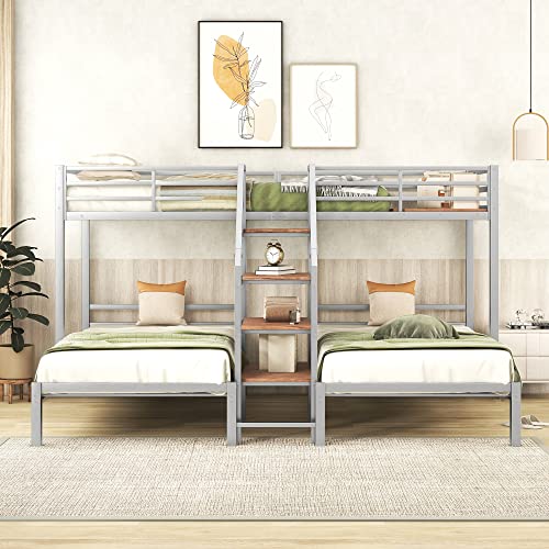 Full-Over-Twin-Twin Solid Wood Triple Bunk Bed with Wardrobe and Mirror (Grey) O3292