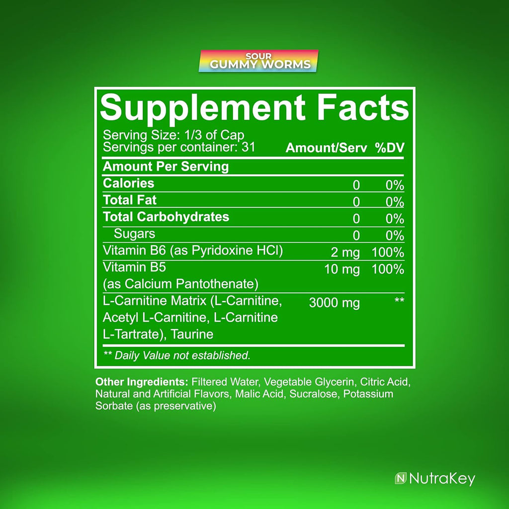 L-Carnitine 3000mg, Sour Gummy Worms, 31 Servings N671