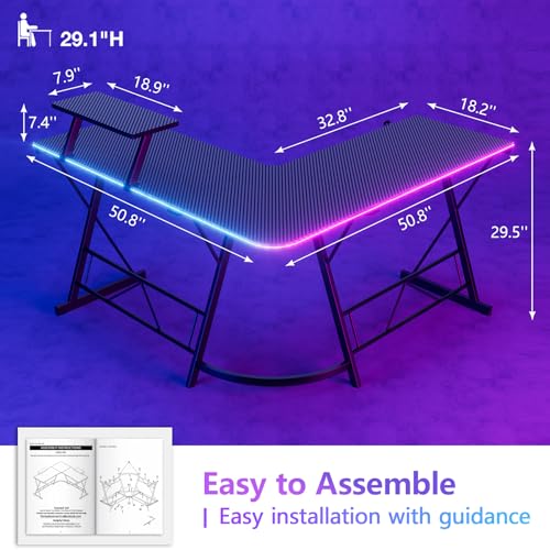 Black 51 Inch L Shaped Gaming Desk with LED Lights C27319