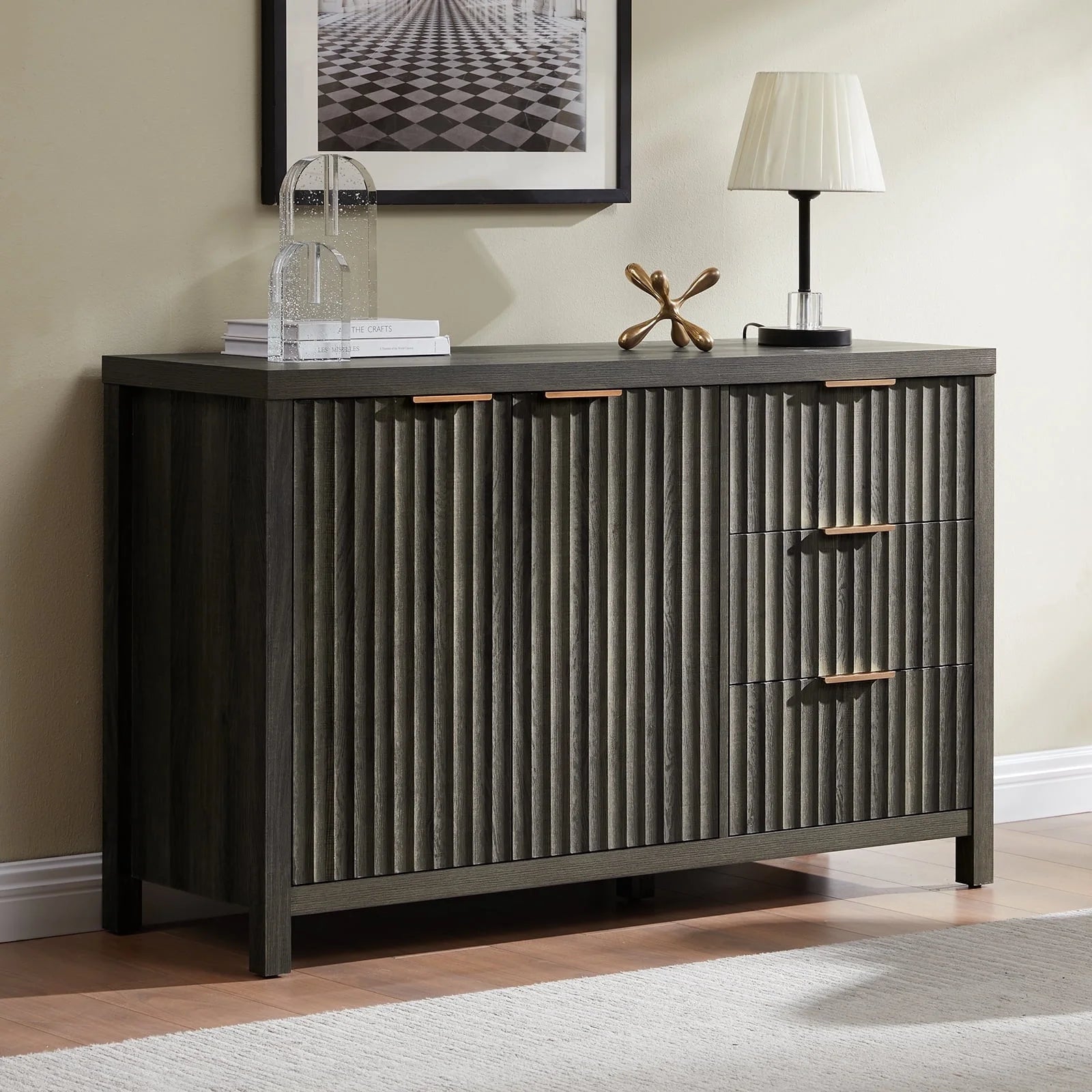 Black Oak Buffet Sideboard Storage Cabinet with Drawer and Doors E84898