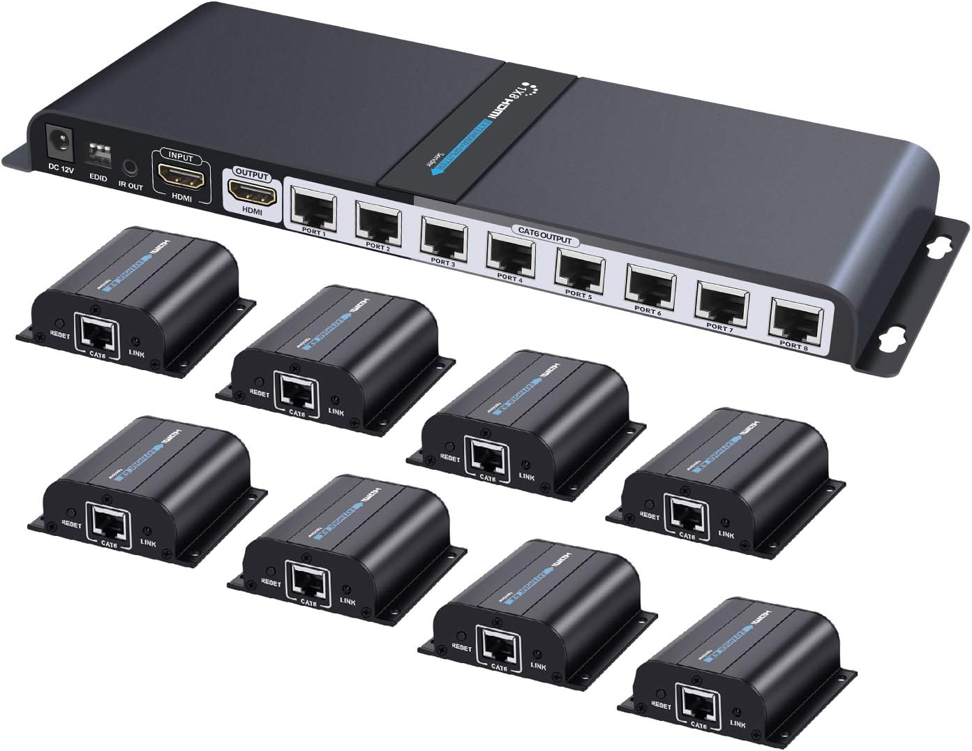 8 Port HDMI Extender Splitter over Cat6/Cat7 Cable with IR Remote Control Y168652